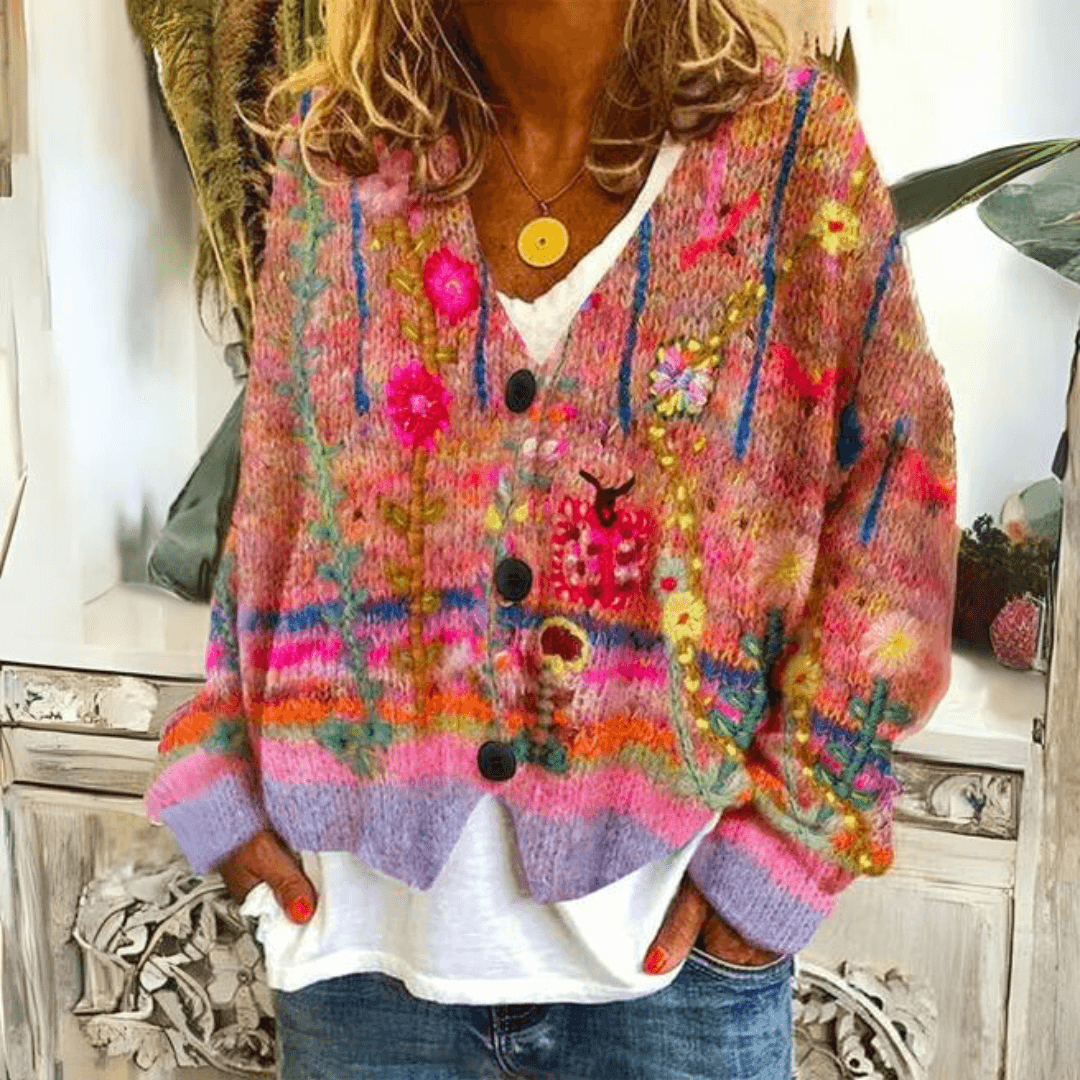 Felicia Floral Embroidered Soft Knit Button-Down Cardigan
