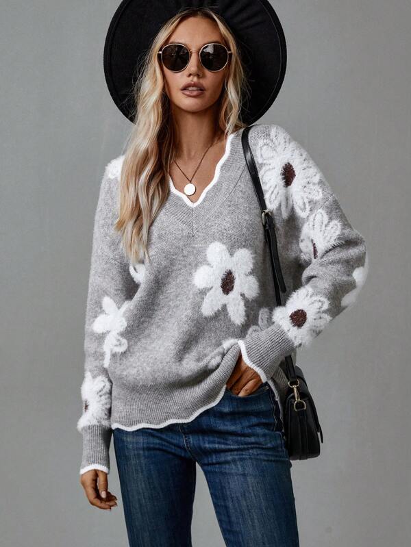 Tina Women's V-Neck Floral Jacquard Knit Sweater