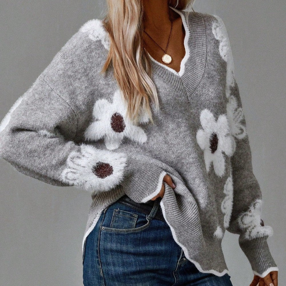 Tina Women's V-Neck Floral Jacquard Knit Sweater