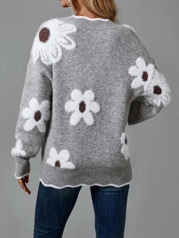 Tina Women's V-Neck Floral Jacquard Knit Sweater