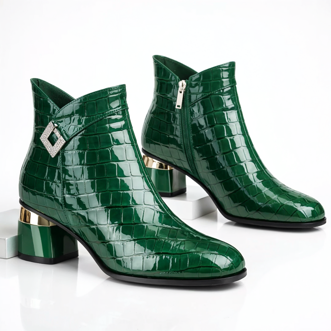 Gloria Glossy Croc-Embossed Block-Heel Boots