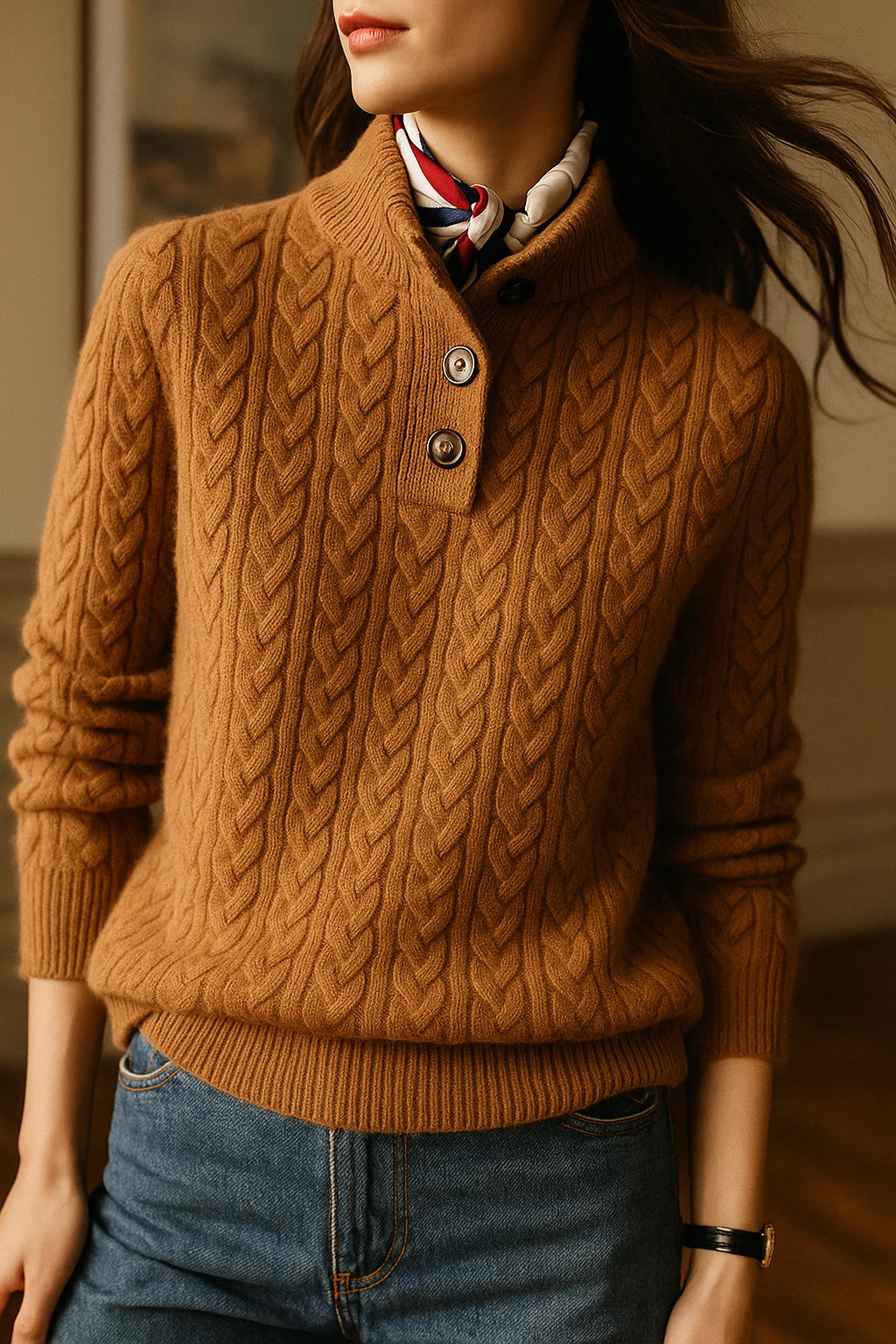 Allie Cable-Knit Button-Up Cashmere Sweater