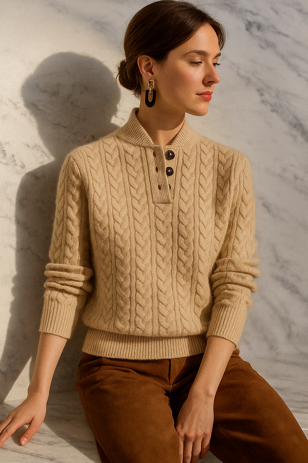 Allie Cable-Knit Button-Up Cashmere Sweater