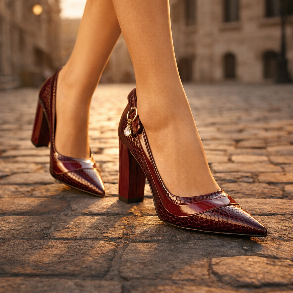Milie Croc-Embossed Pointed-Toe Block Heel Pumps