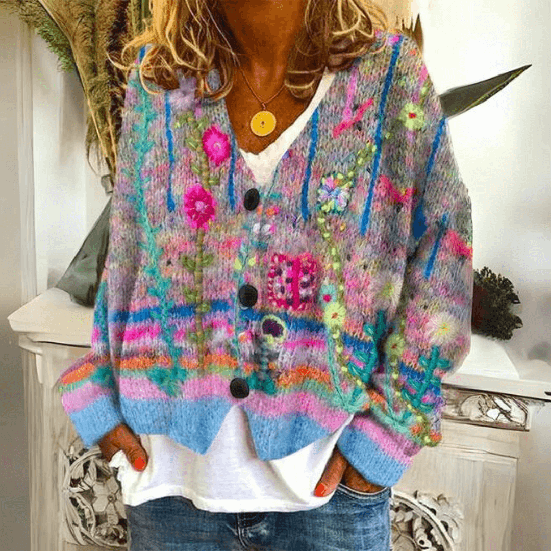 Felicia Floral Embroidered Soft Knit Button-Down Cardigan