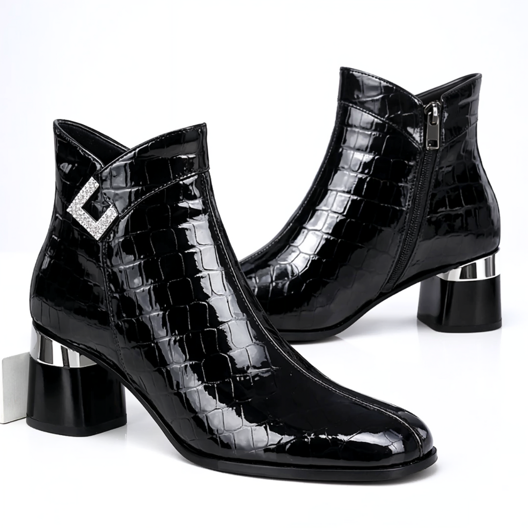 Gloria Glossy Croc-Embossed Block-Heel Boots