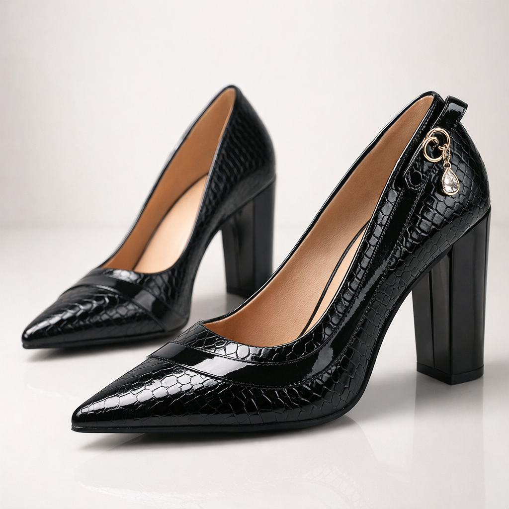 Milie Croc-Embossed Pointed-Toe Block Heel Pumps