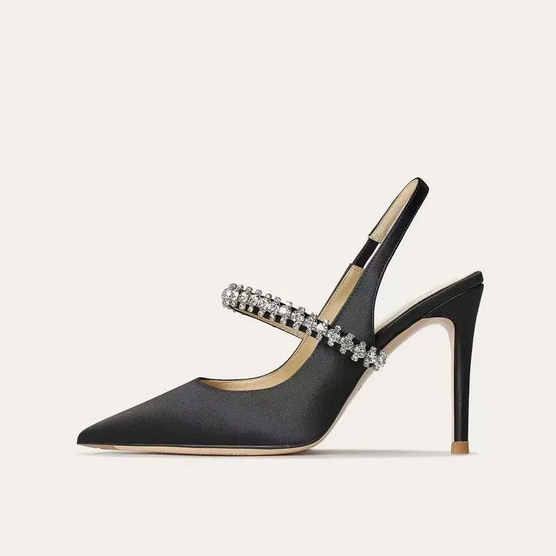 Sadie Satin Crystal-Strap Slingback Formal Heels
