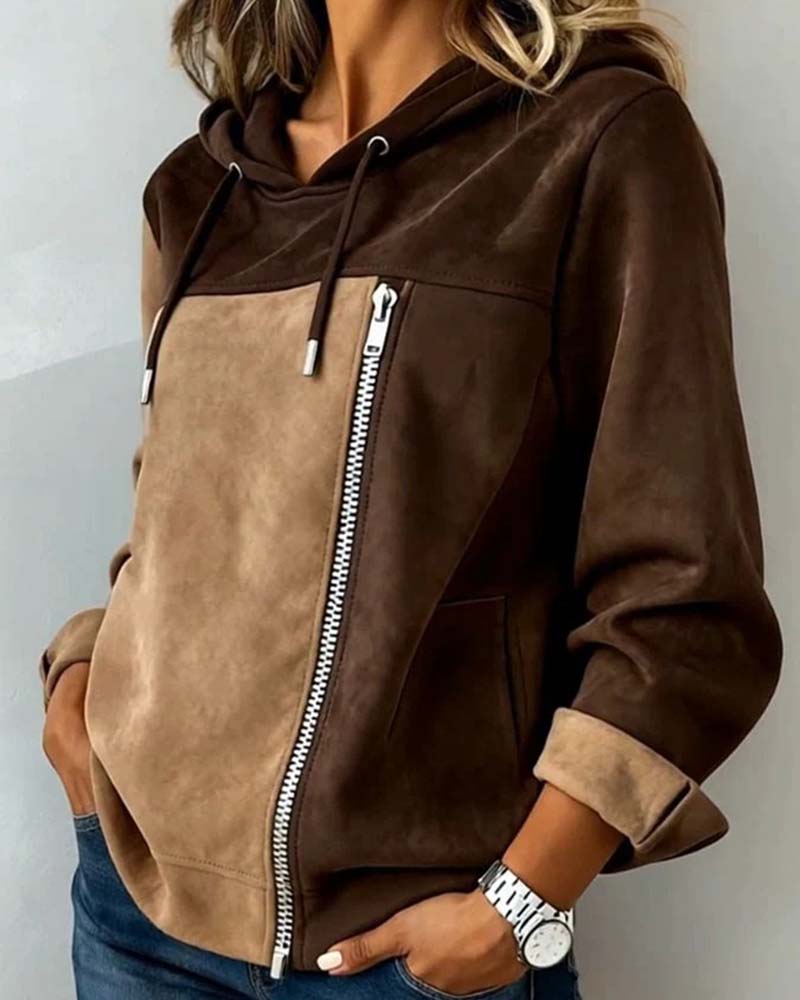 Celia Color Block Asymmetric Zip Hoodie for Fall