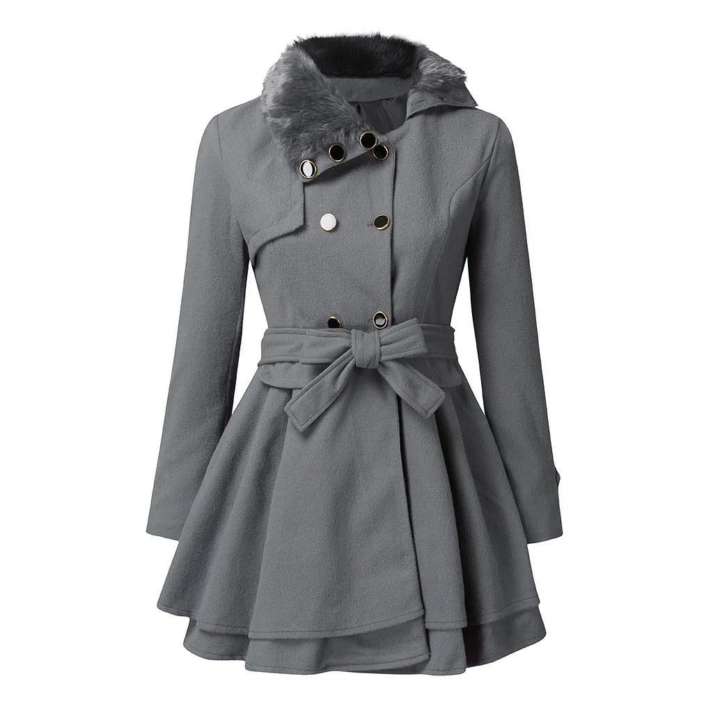 Resa Women's Winter Belted Fur Trench Coat