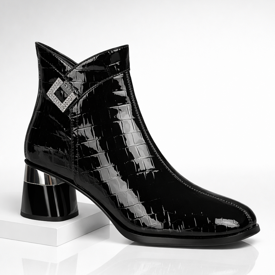 Gloria Glossy Croc-Embossed Block-Heel Boots