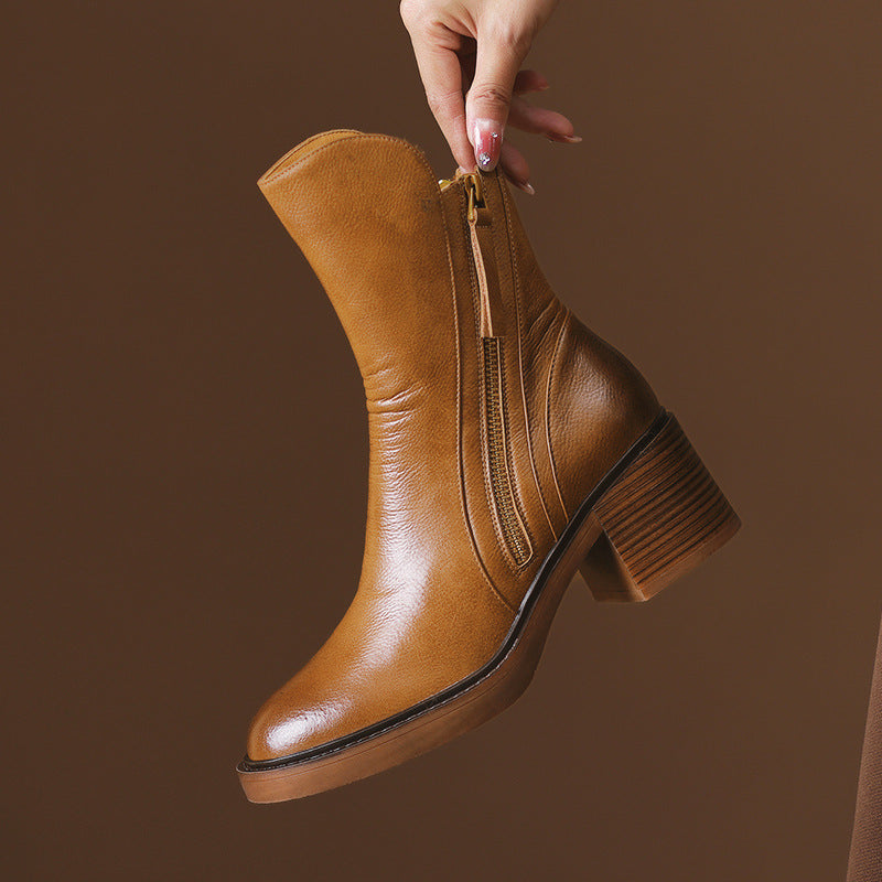 Elma Women's Leather Double-Zip Block Heel Ankle Boots