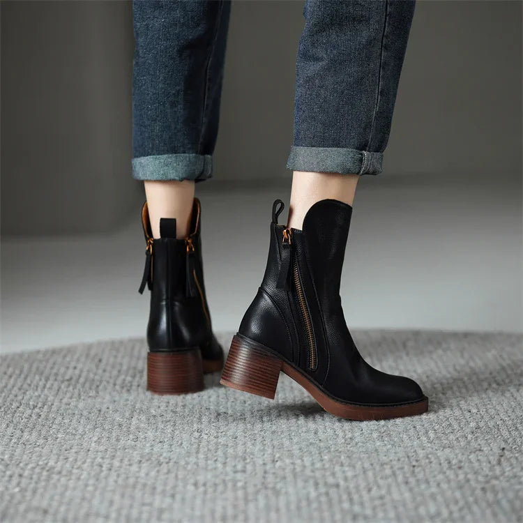Elma Women's Leather Double-Zip Block Heel Ankle Boots