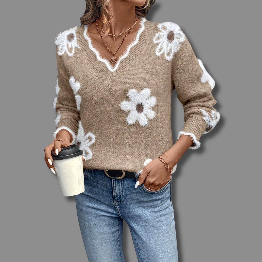 Tina Women's V-Neck Floral Jacquard Knit Sweater
