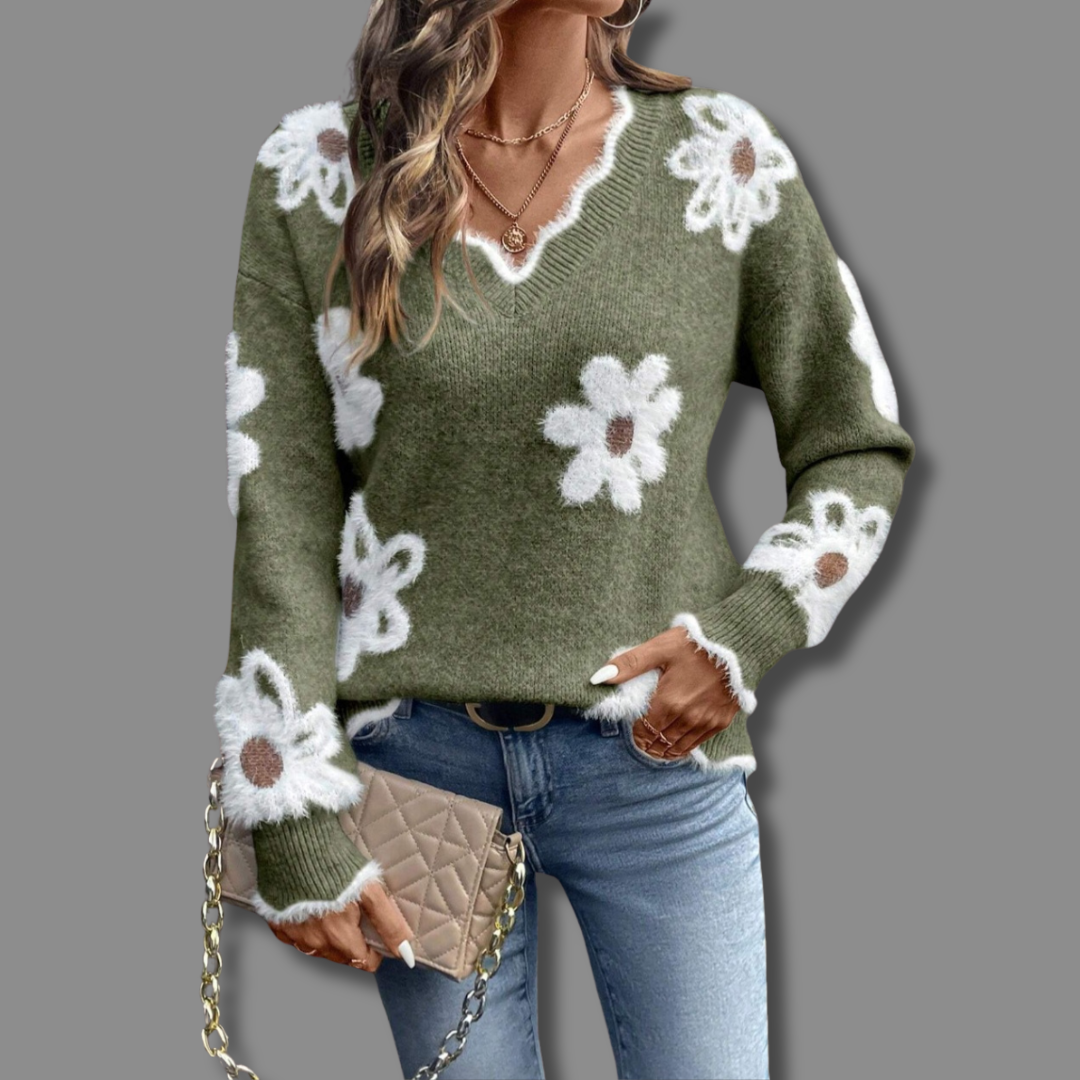 Tina Women's V-Neck Floral Jacquard Knit Sweater