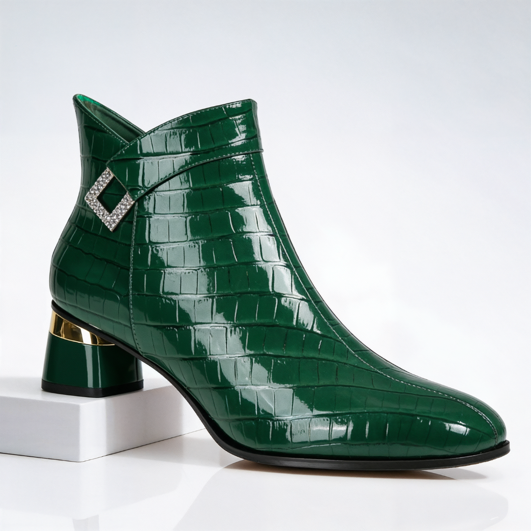 Gloria Glossy Croc-Embossed Block-Heel Boots