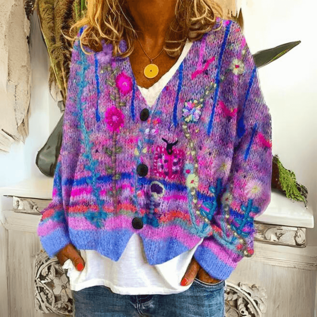 Felicia Floral Embroidered Soft Knit Button-Down Cardigan
