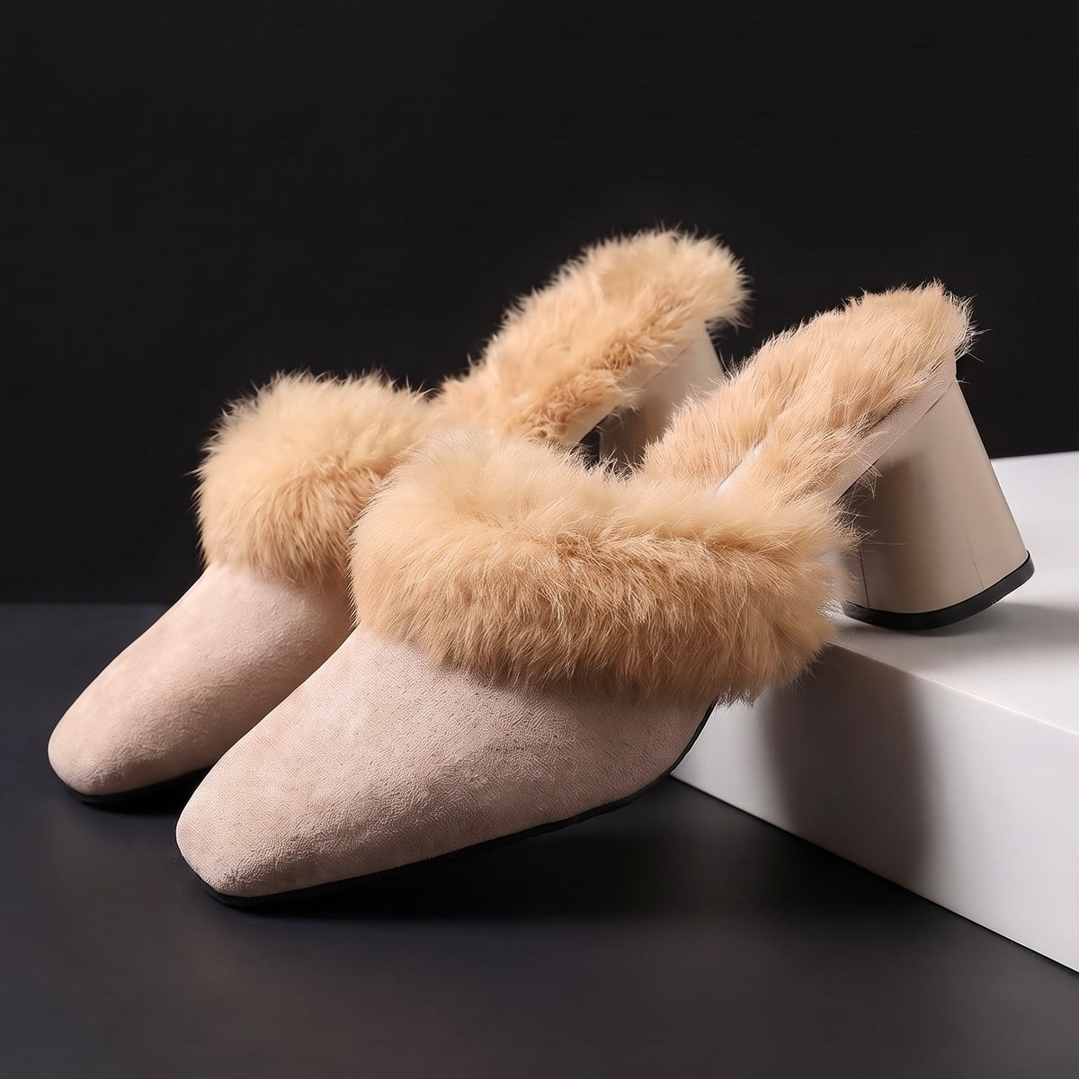 Frita Fur Block Heel Mules for Winter