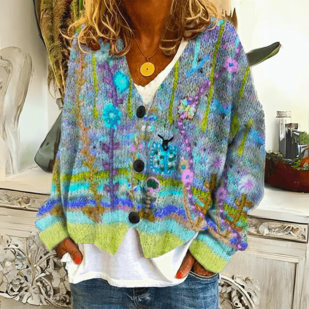 Felicia Floral Embroidered Soft Knit Button-Down Cardigan
