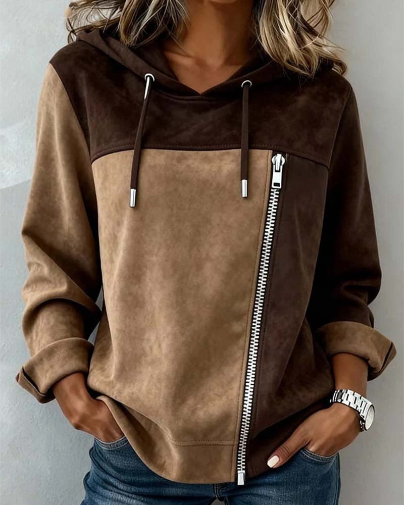 Celia Color Block Asymmetric Zip Hoodie for Fall