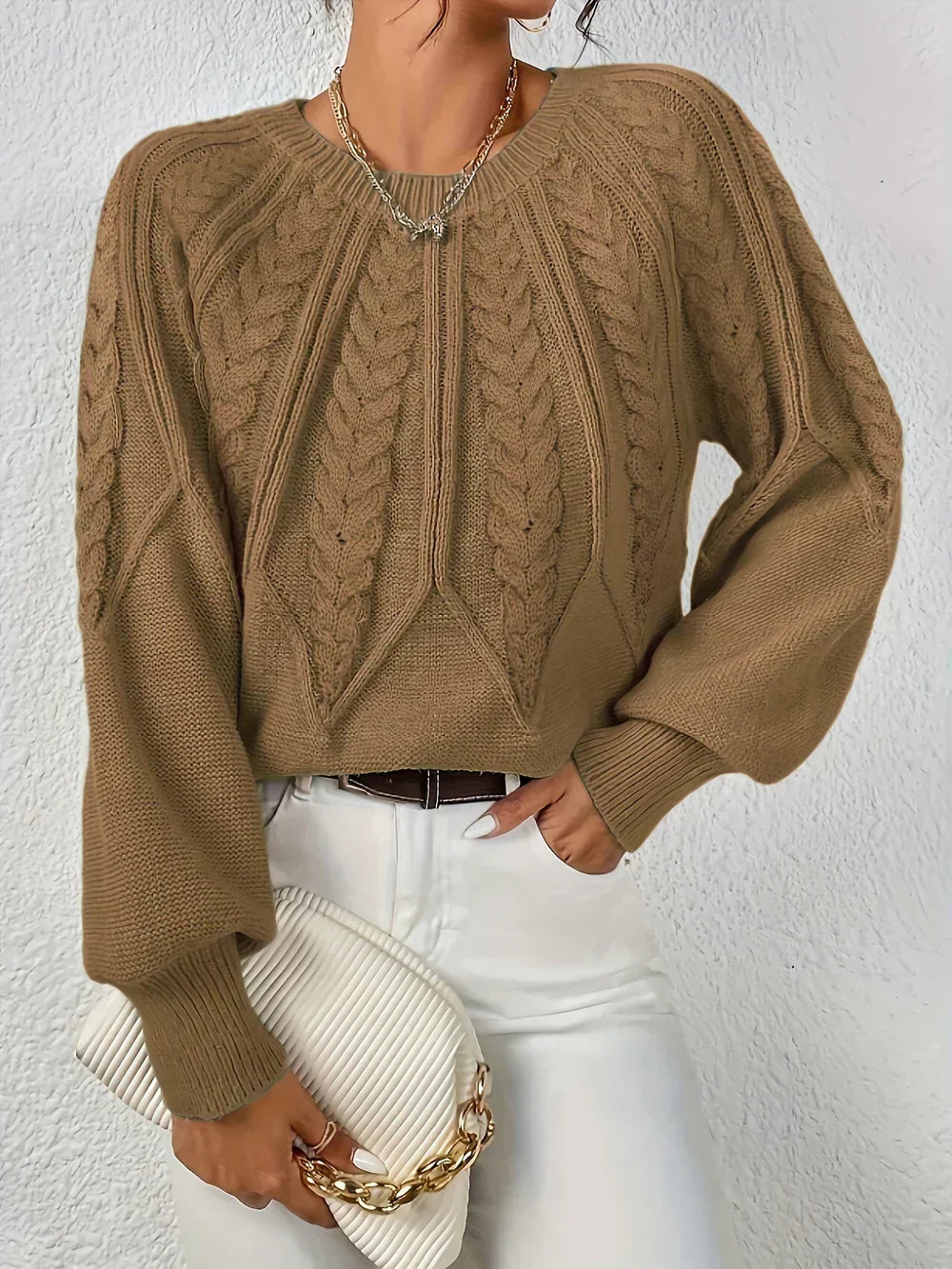Sara Stylish Cable Knit Crewneck Pullover Sweater