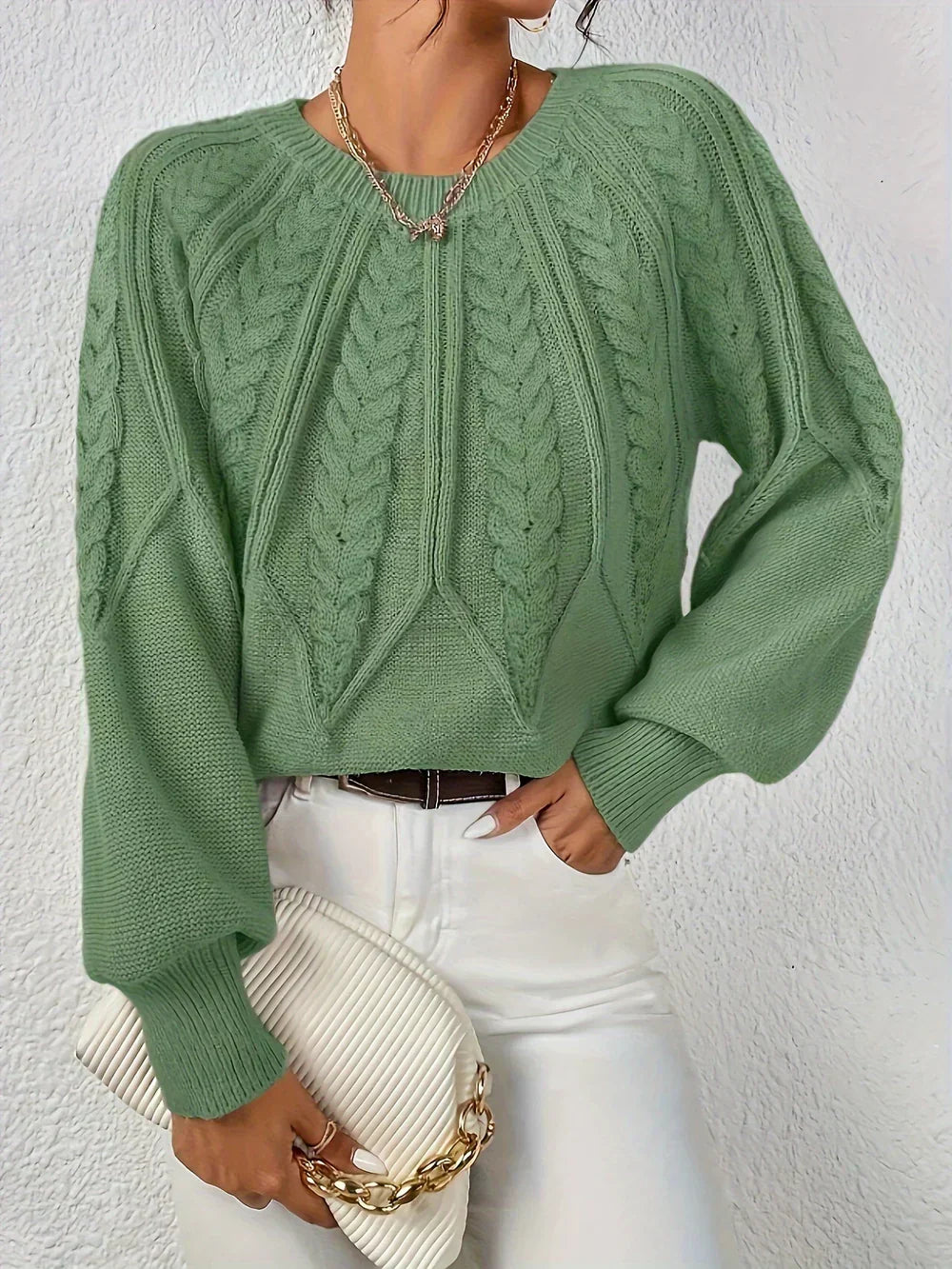 Sara Stylish Cable Knit Crewneck Pullover Sweater