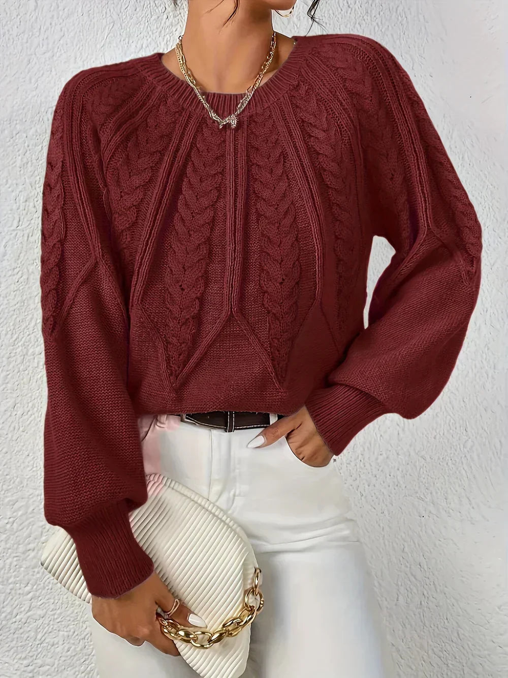 Sara Stylish Cable Knit Crewneck Pullover Sweater