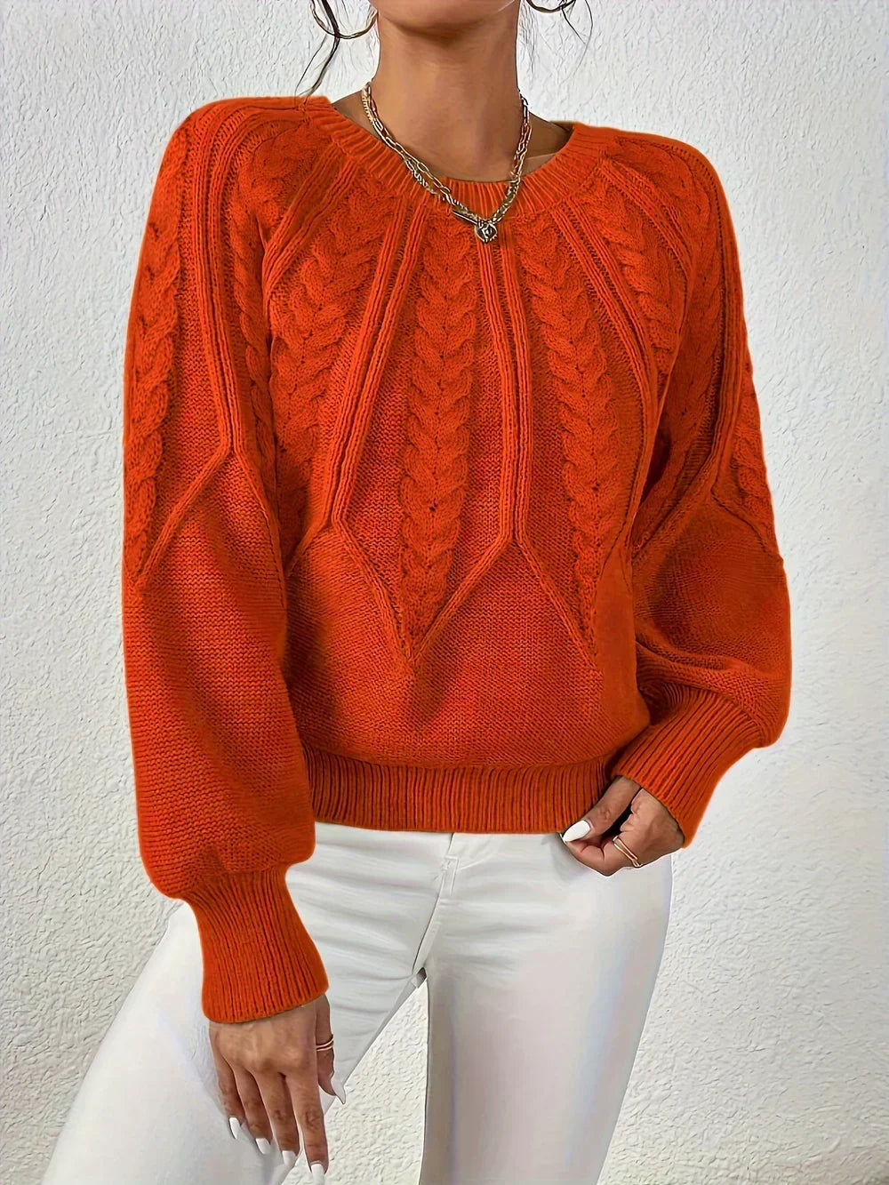 Sara Stylish Cable Knit Crewneck Pullover Sweater