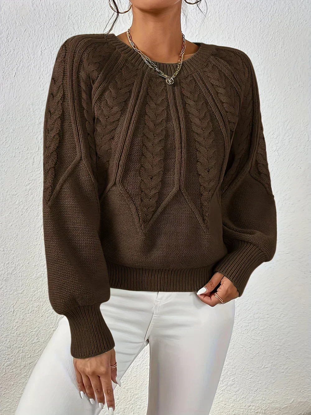 Sara Stylish Cable Knit Crewneck Pullover Sweater