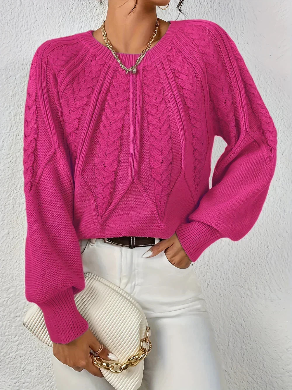 Sara Stylish Cable Knit Crewneck Pullover Sweater