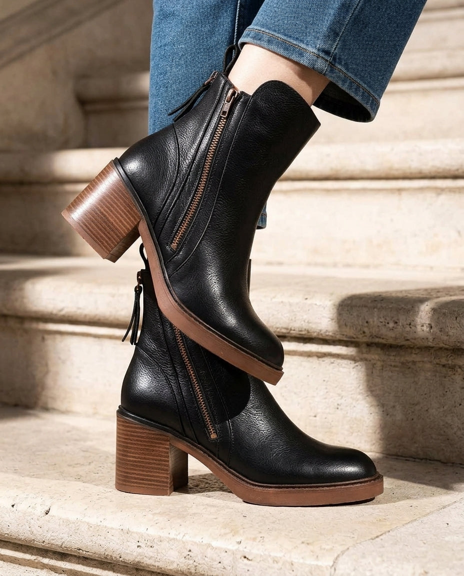 Brennan Women's Leather Fall Stacked Heel Ankle Boots