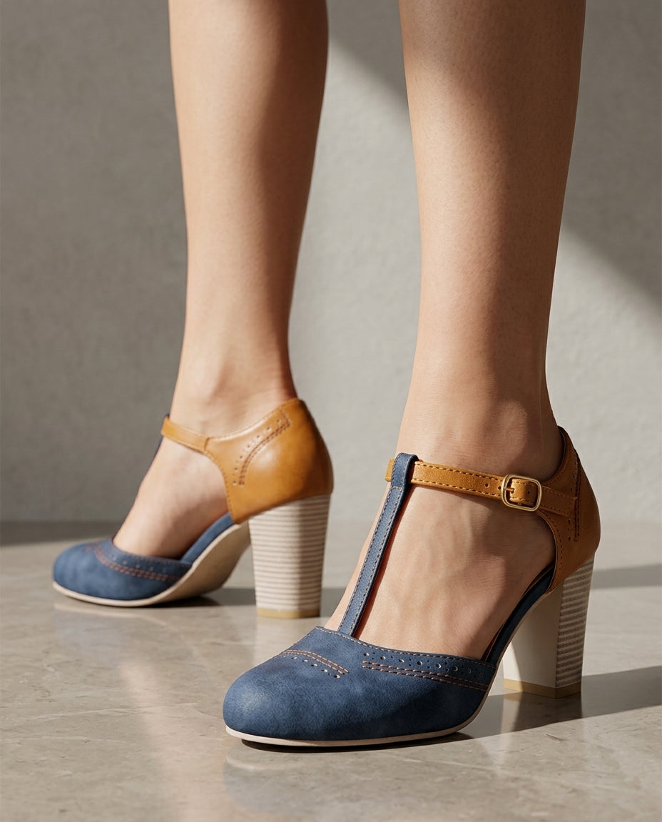 Marcella Women's Leather T-Strap Block Heel Mary Janes