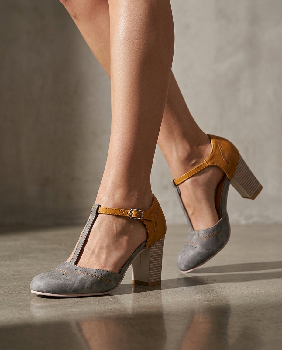 Marcella Women's Leather T-Strap Block Heel Mary Janes