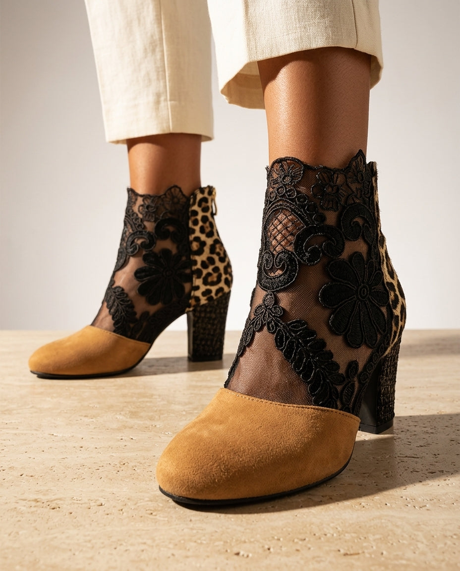 Gemma Women's Lace Mesh Block Heel Booties
