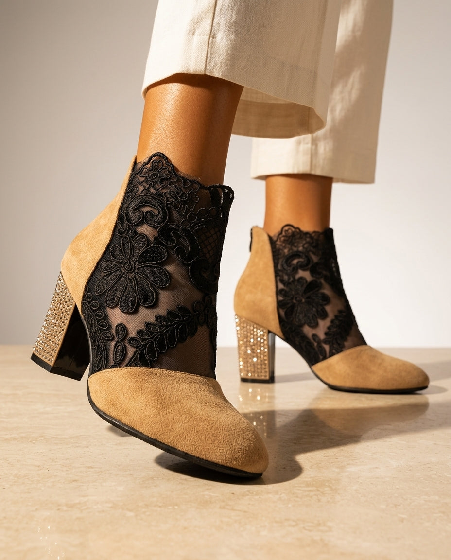 Gemma Women's Lace Mesh Block Heel Booties