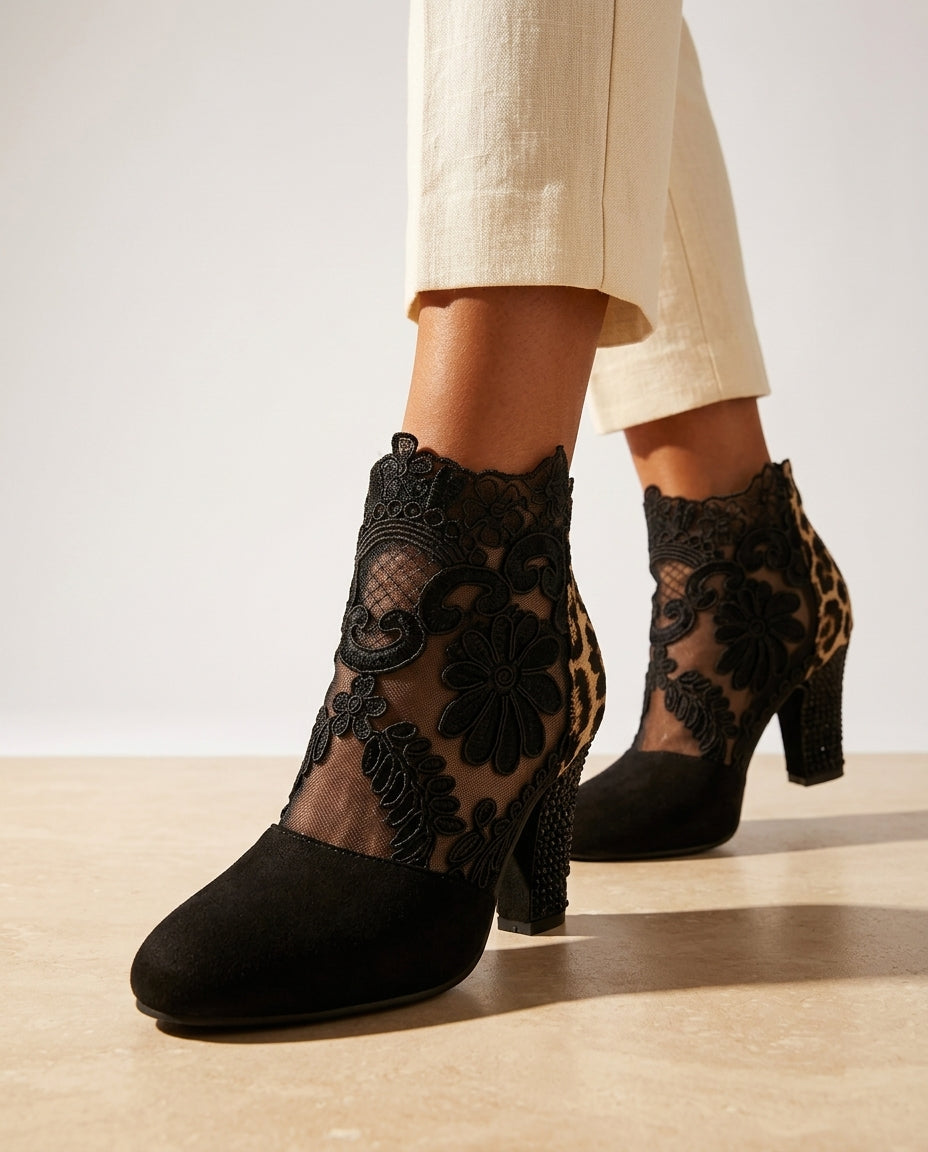 Gemma Women's Lace Mesh Block Heel Booties