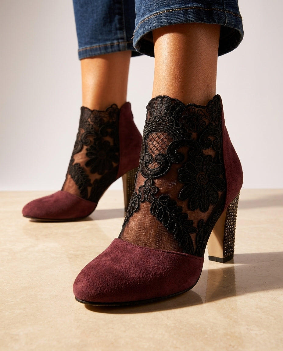 Gemma Women's Lace Mesh Block Heel Booties