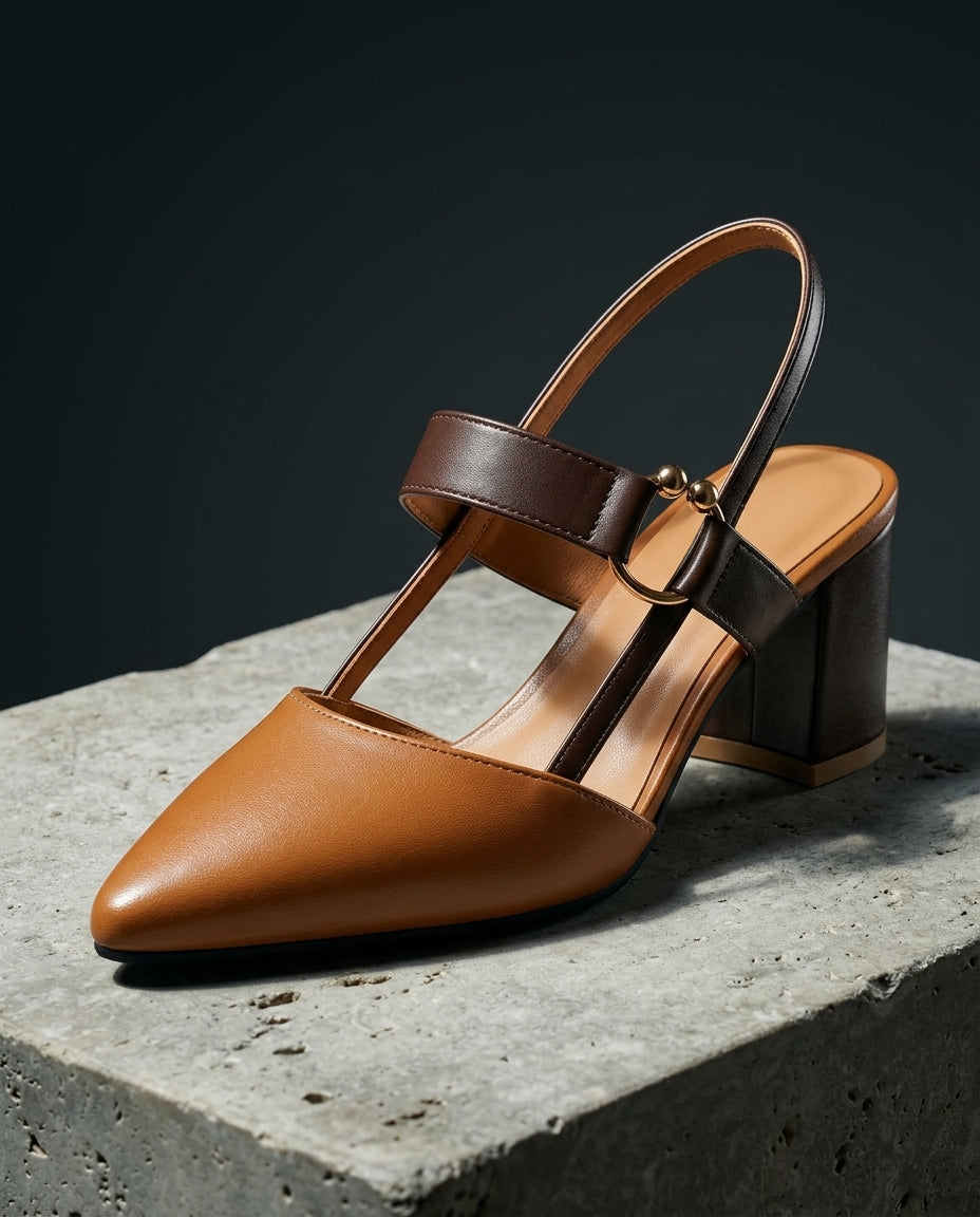 Selena Women's Two Tone Leather Slingback Block Heels