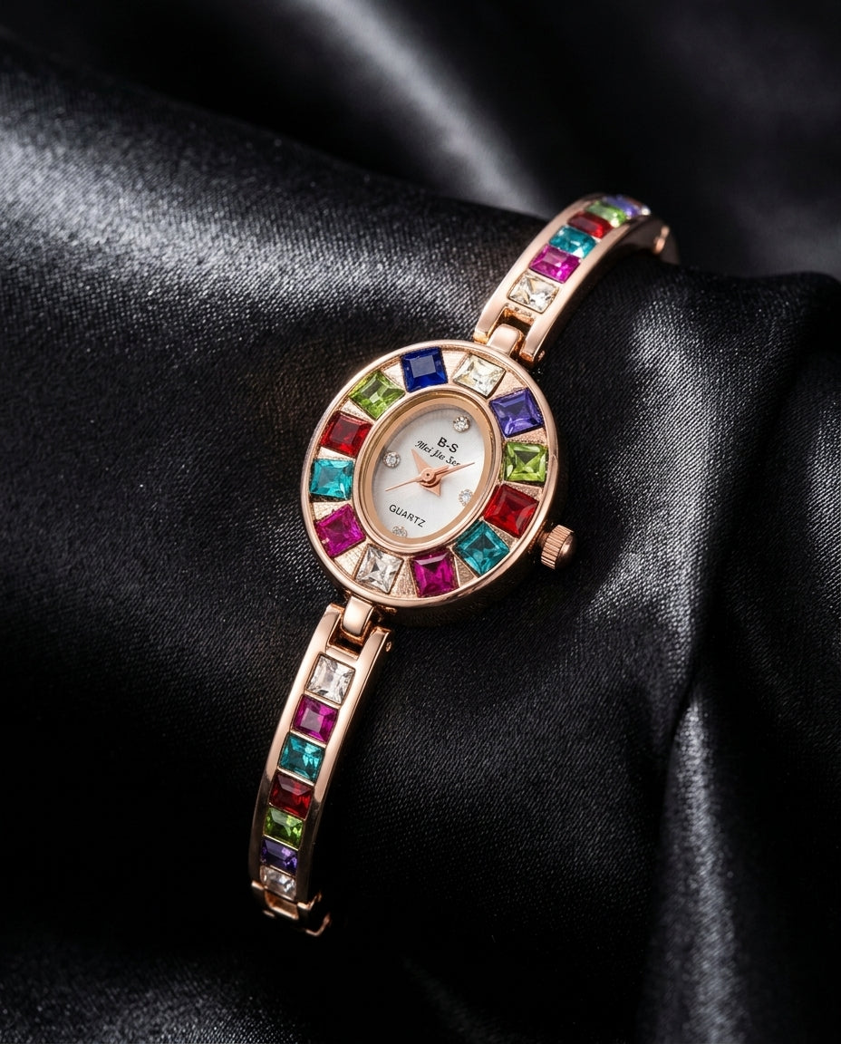 Genevieve Women's Rainbow Crystal Bangle Watch