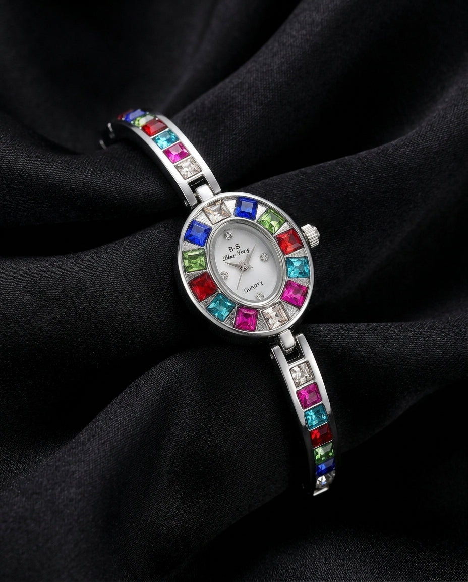 Genevieve Women's Rainbow Crystal Bangle Watch