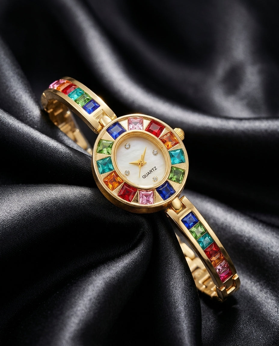 Genevieve Women's Rainbow Crystal Bangle Watch