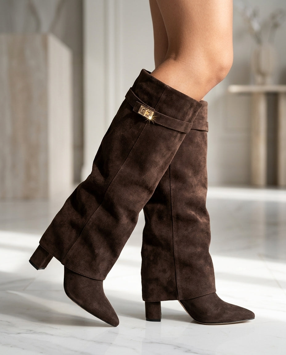 Kensington Women's Suede Fold Over Knee Boots