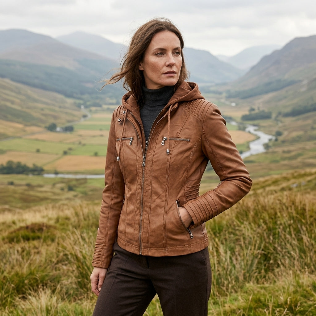 Sinclair Women's Leather Hooded Moto Jacket