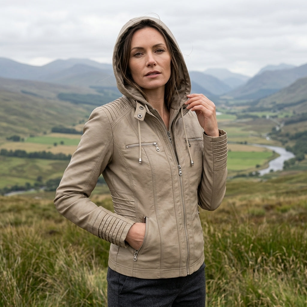 Sinclair Women's Leather Hooded Moto Jacket