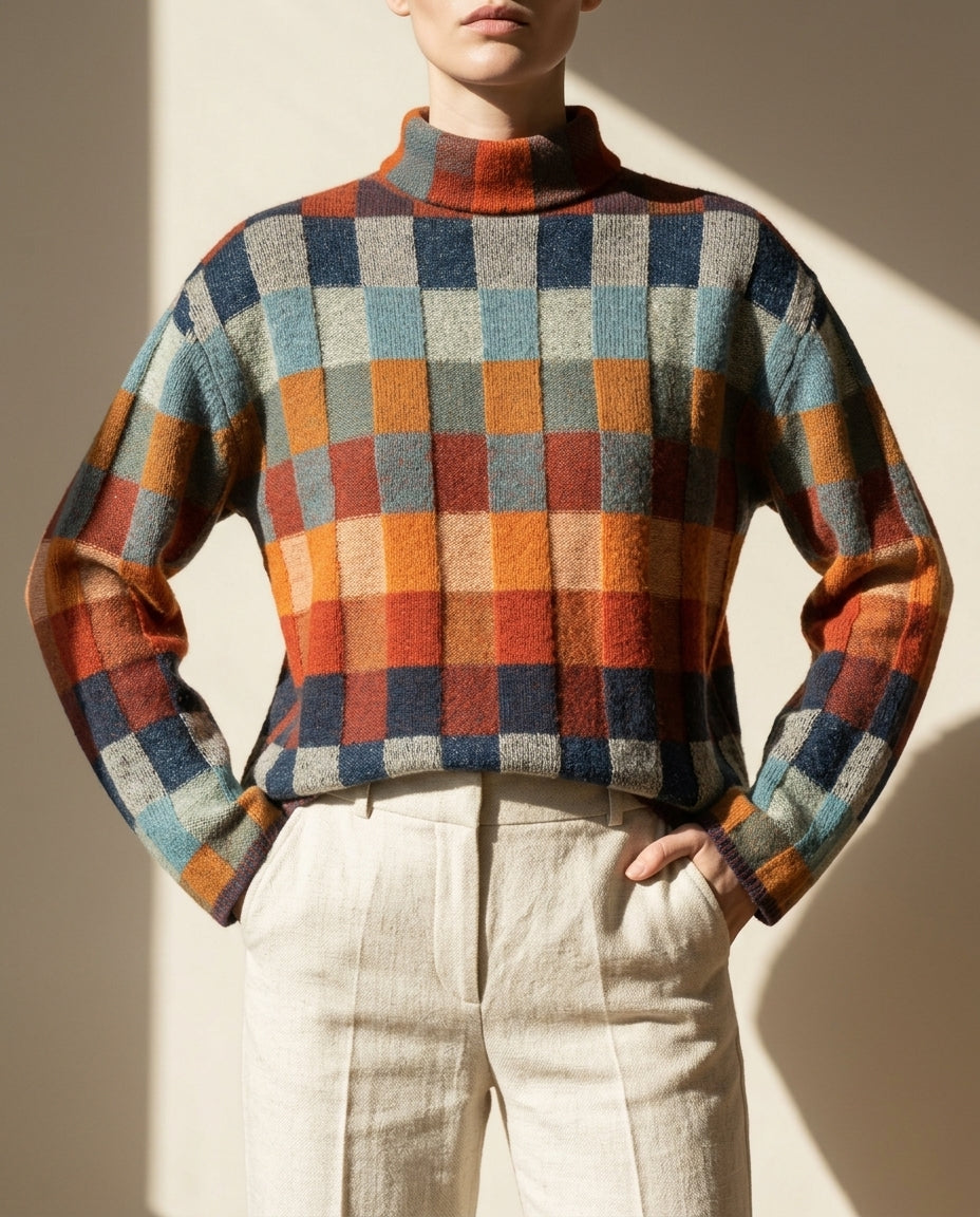 Collette Cashmere Checkered Mock Neck Sweater