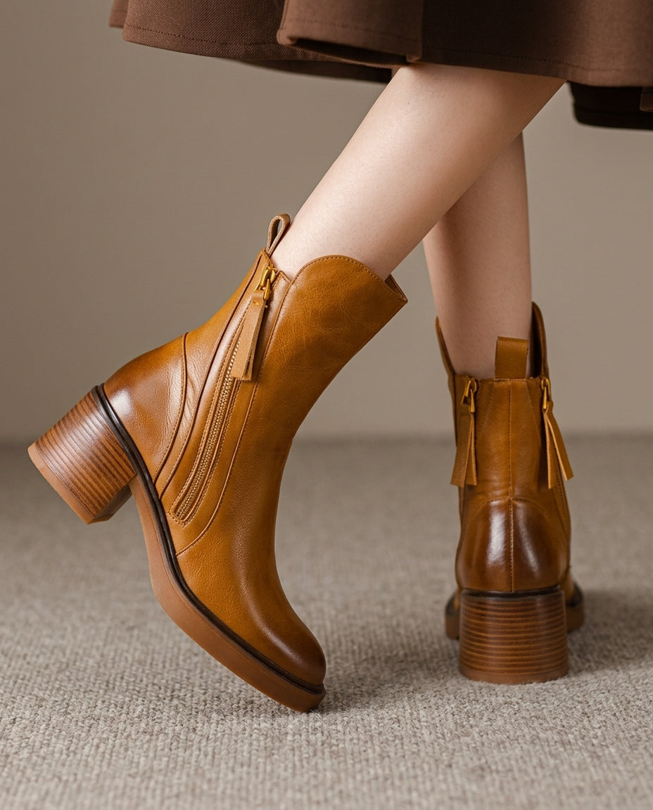 Valerie Leather Block Heel Ankle Boot