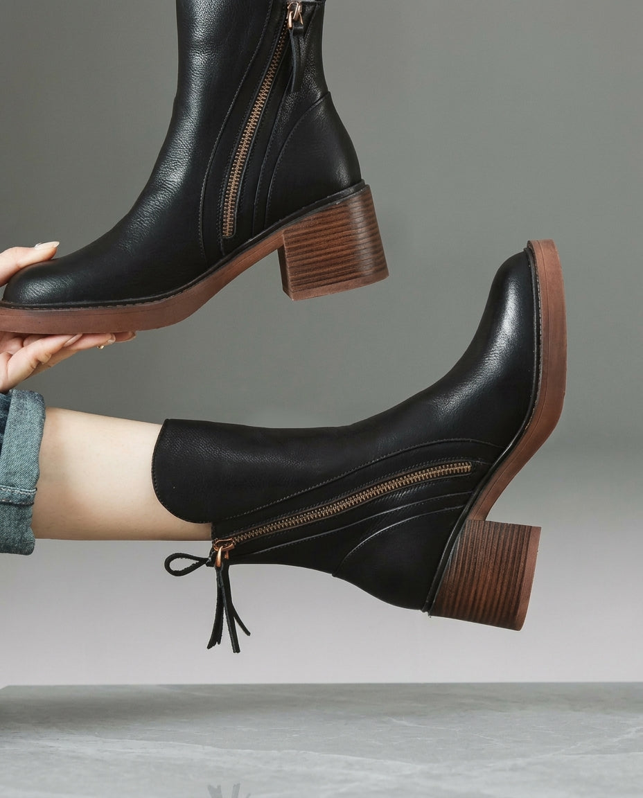 Valerie Leather Block Heel Ankle Boot