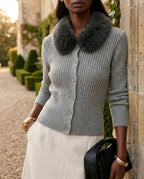 Prim Fur Collar Ribbed Cardigan Sweater for Women