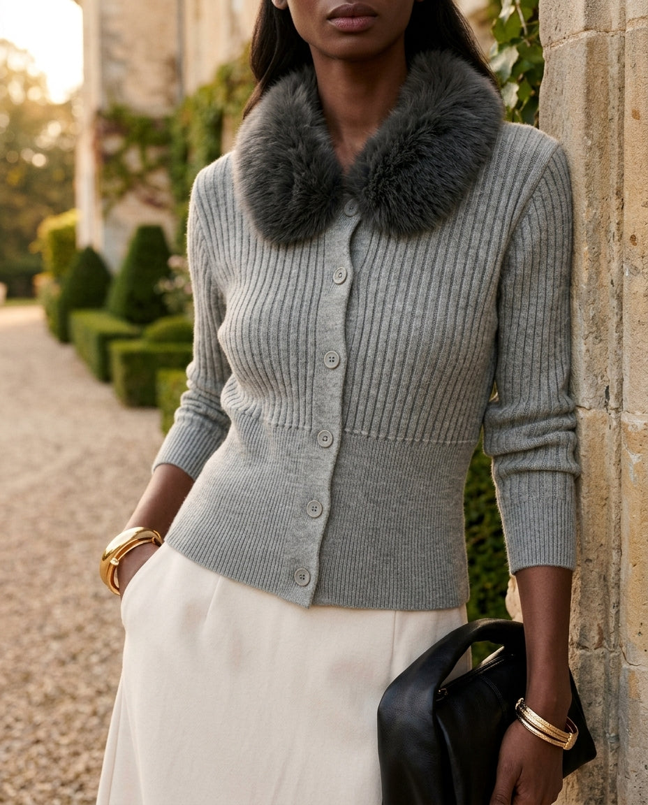Prim Fur Collar Ribbed Cardigan Sweater for Women