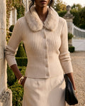 Prim Fur Collar Ribbed Cardigan Sweater for Women